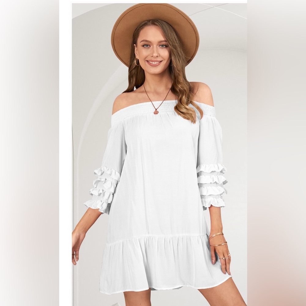 ⭐️NWT White off the shoulder ruffle sleeved dress